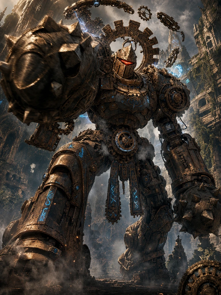 Ancient mechanical colossus raising a massive spiked fist