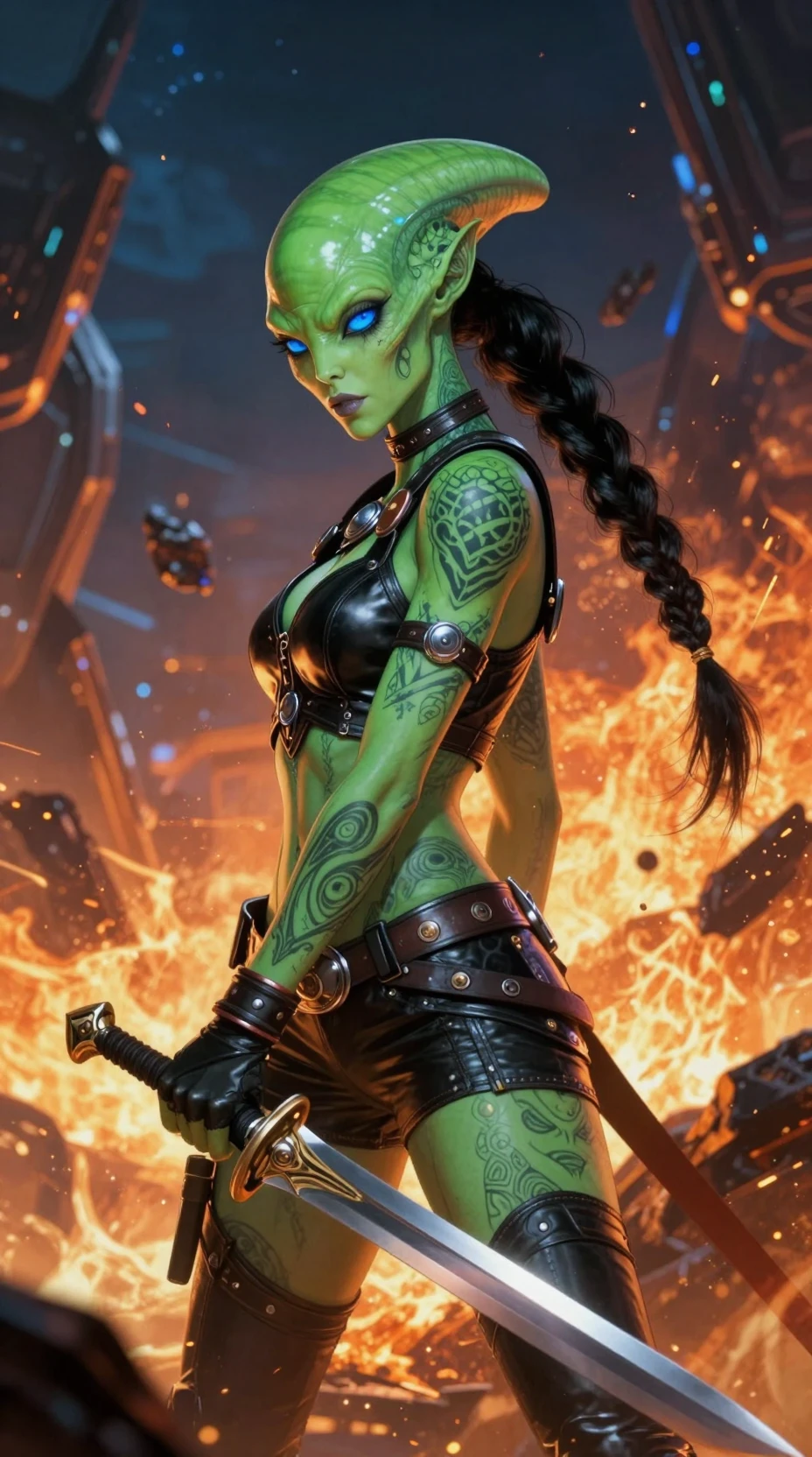 Guerrera alienígena de piel verde con espada en el caos