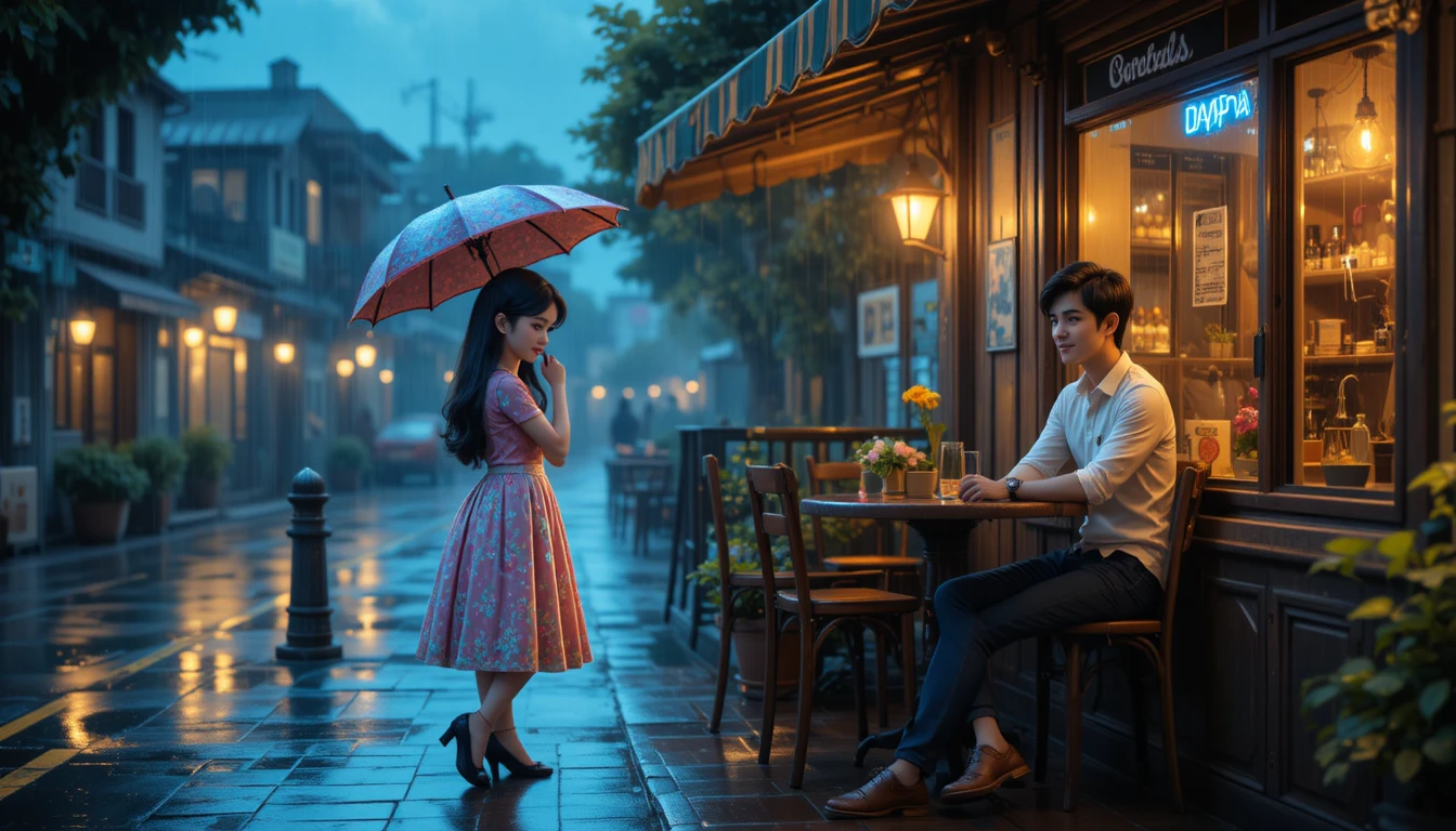Young couple at rainy street cafe with warm glowing lights