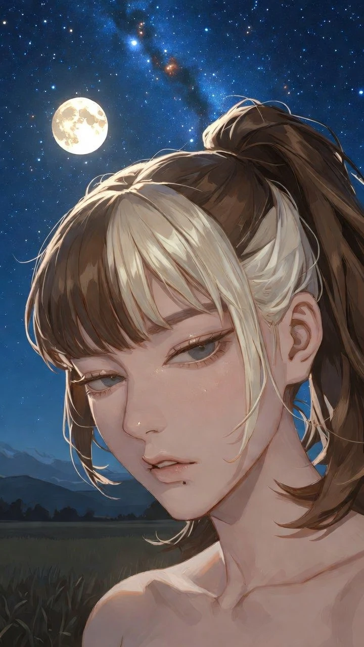 Confident anime girl under a bright moonlit country sky