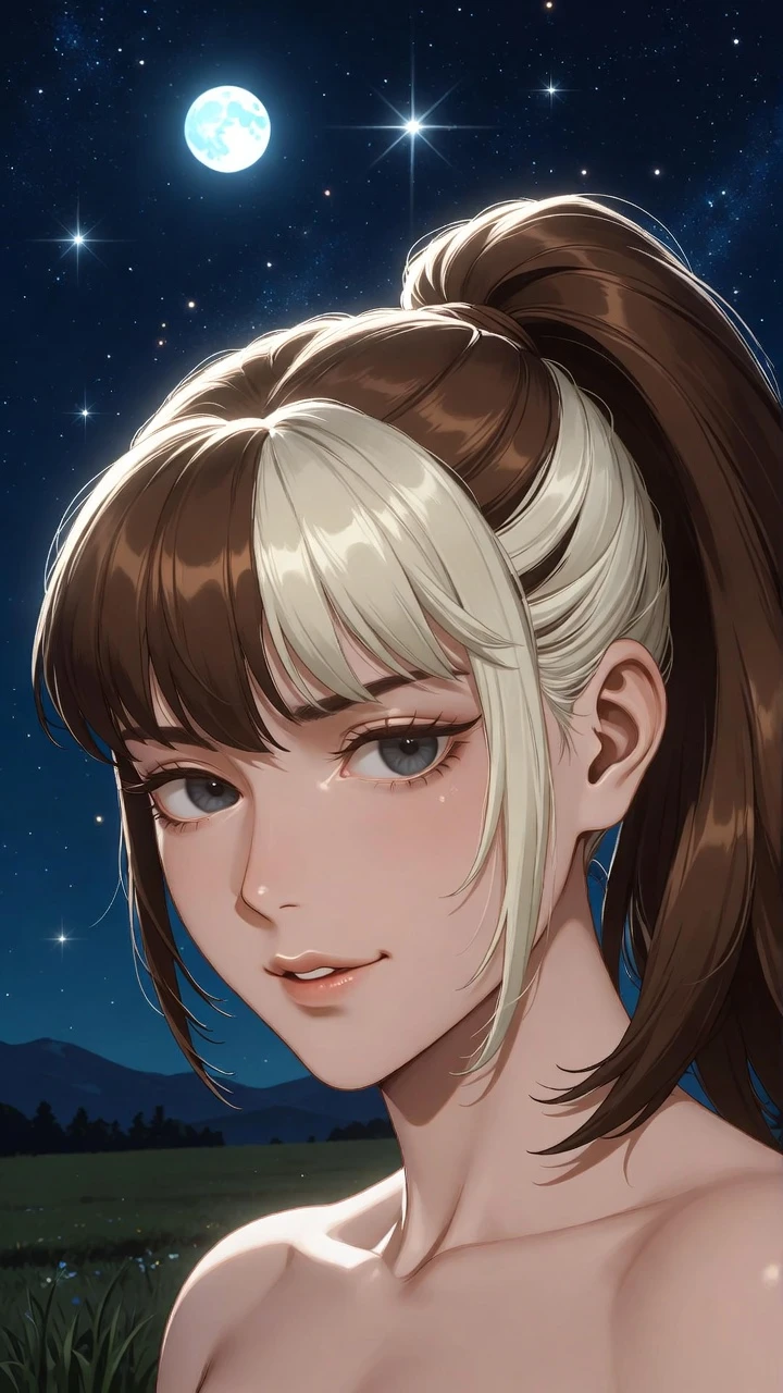 Confident anime girl under a bright moonlit countryside sky