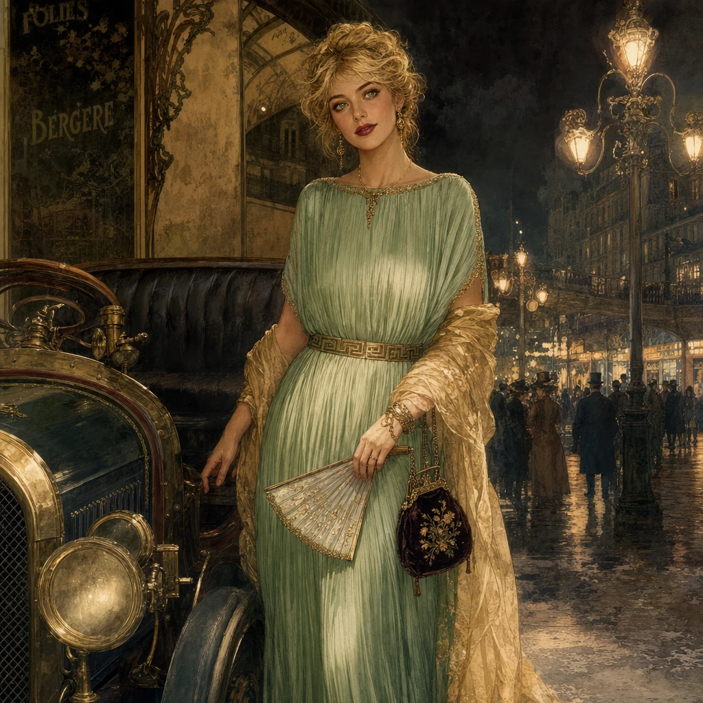 Elegant woman in pleated green gown by a vintage car