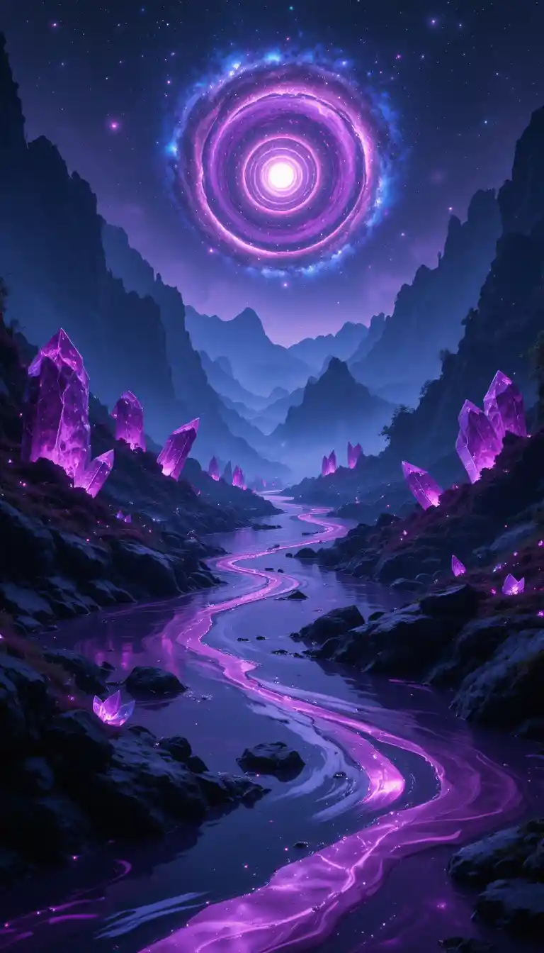 Mystical Amethyst River Reflecting A Spiral Galaxy Above
