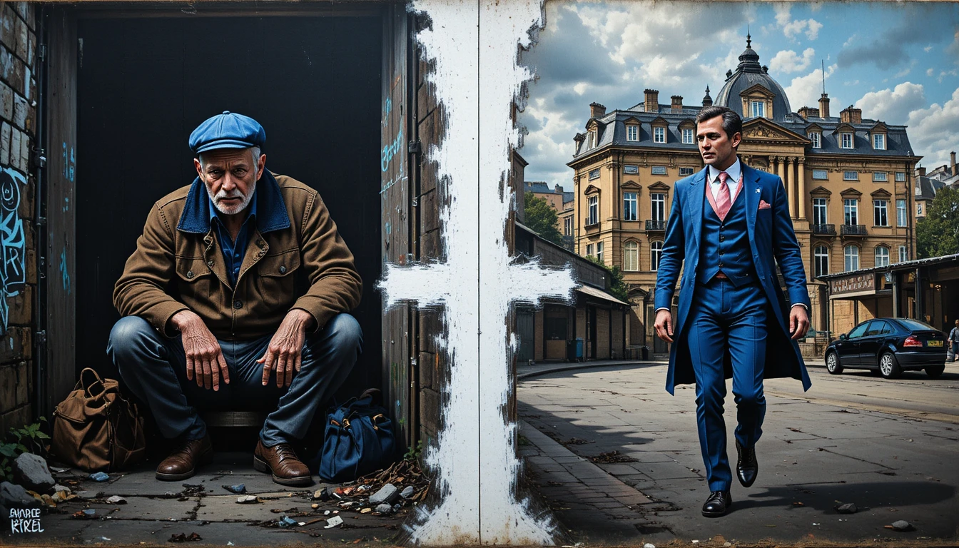 Chalk mural of a man changing from poverty to wealth