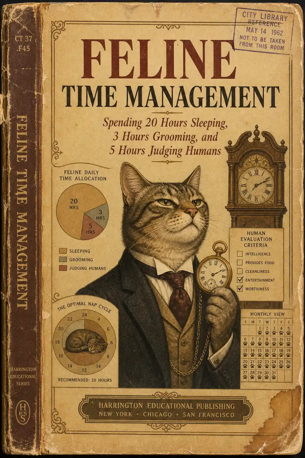 Vintage-Katzen-Design für ein Lehrbuch über Zeitmanagement