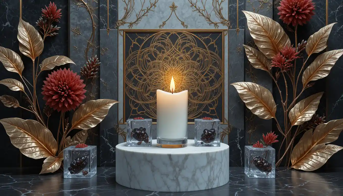 Lit candle on marble pedestal with abstract geometric leaves