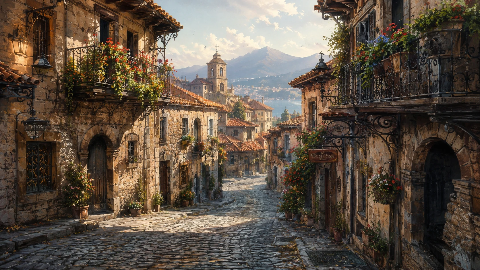 Cobbled Old Town Street With Rustic Stone Houses