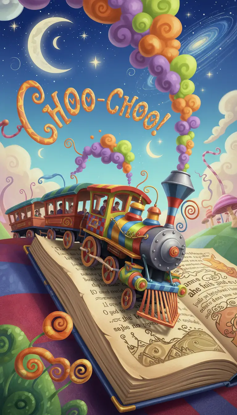 Whimsical steam train bursting from the pages of a book