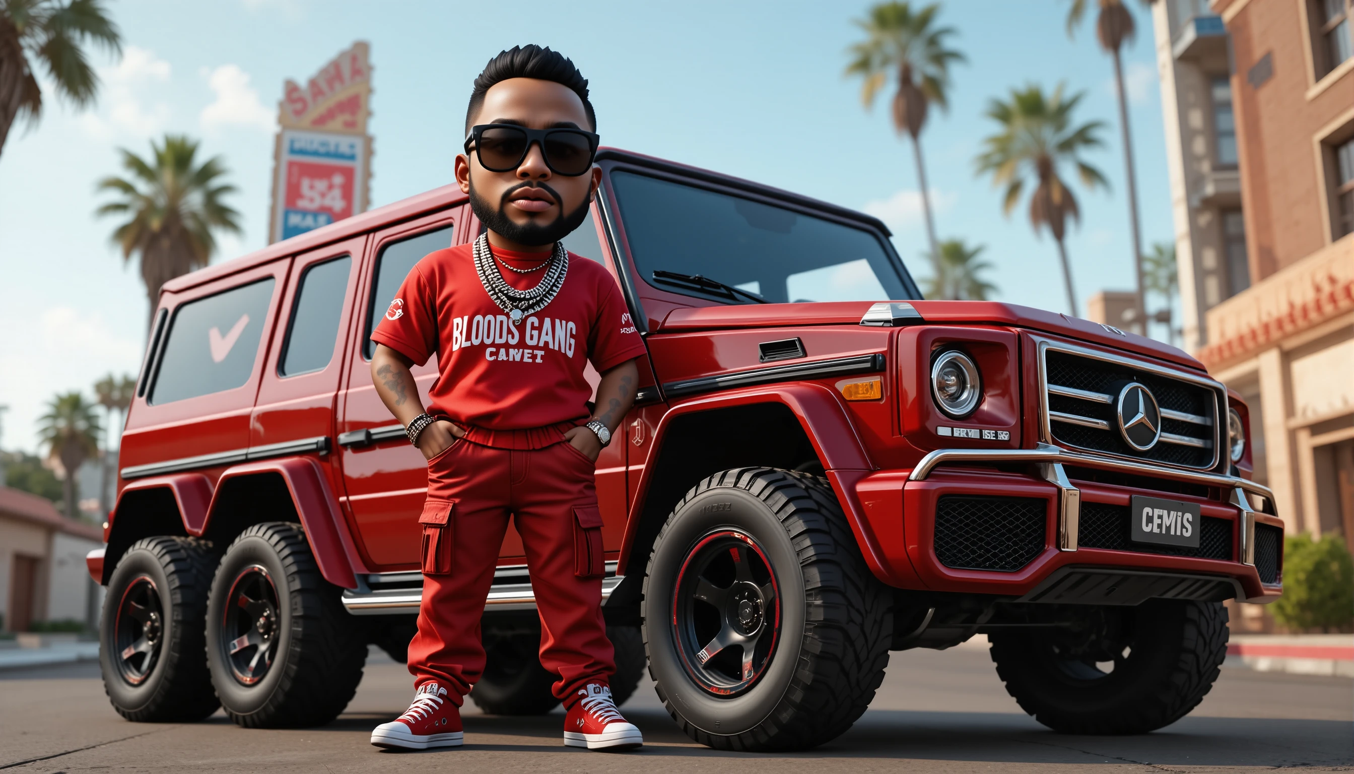 3D rapper beside armored suv on city street
