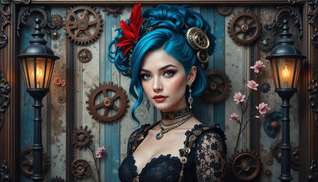 Steampunk woman with blue hair framed by glowing lamps