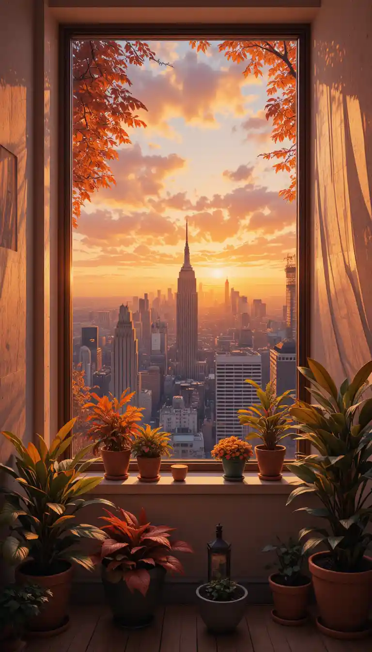 Cozy living room with city view at warm sunset