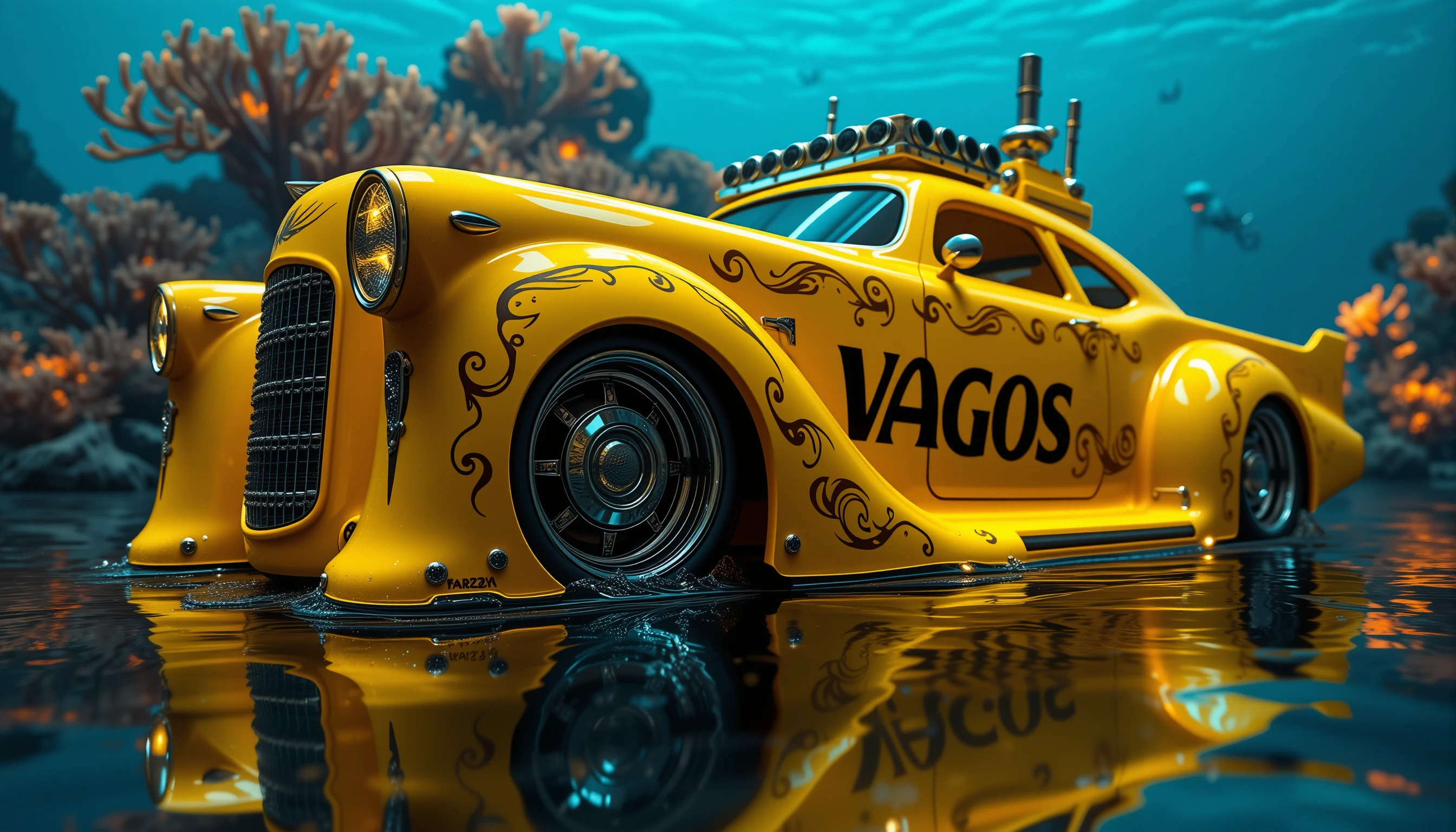 Glossy yellow lowrider car in an underwater coral fortress