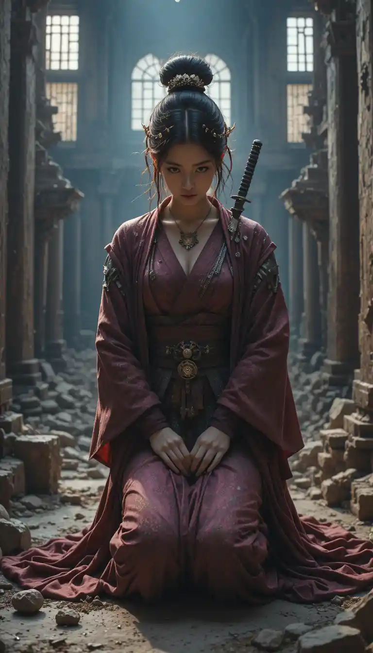 Kneeling warrior woman in ruined temple interior