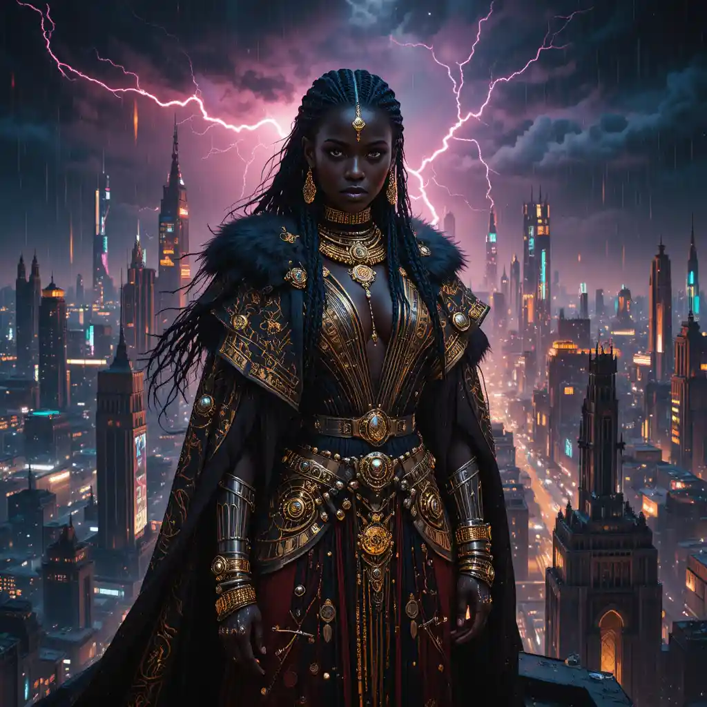 Afrofuturist warrior woman above neon futuristic city storm
