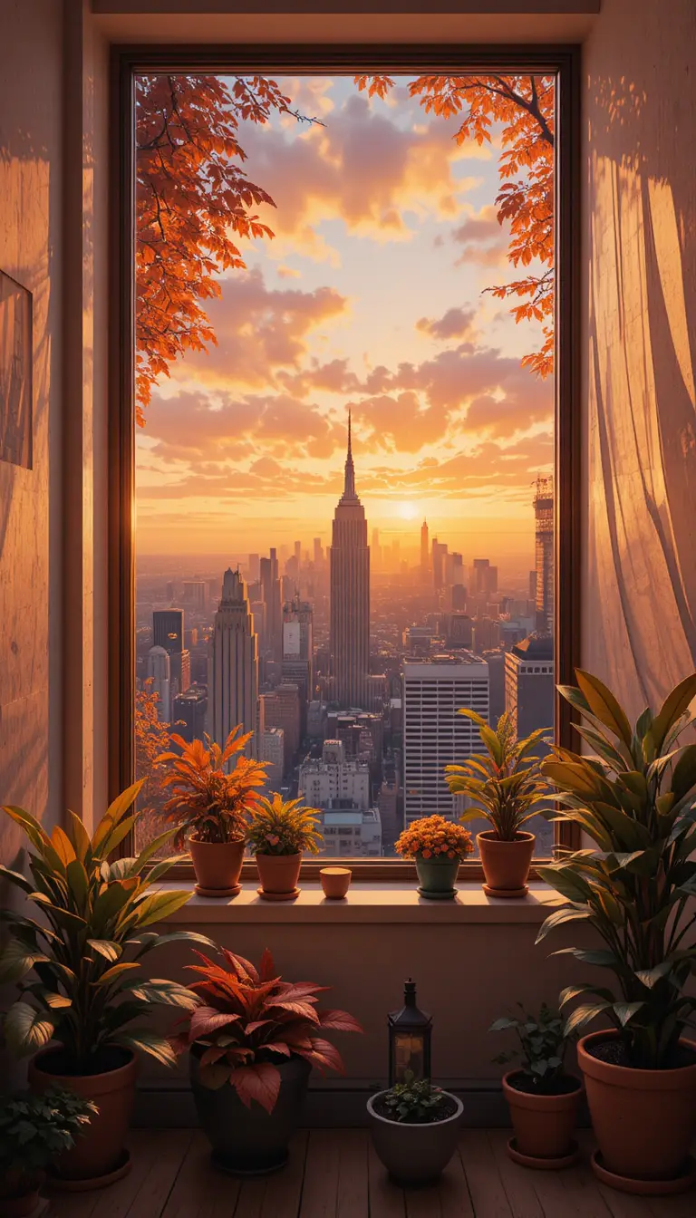 Gemütliches Wohnzimmer mit Stadtblick bei warmem Sonnenuntergang