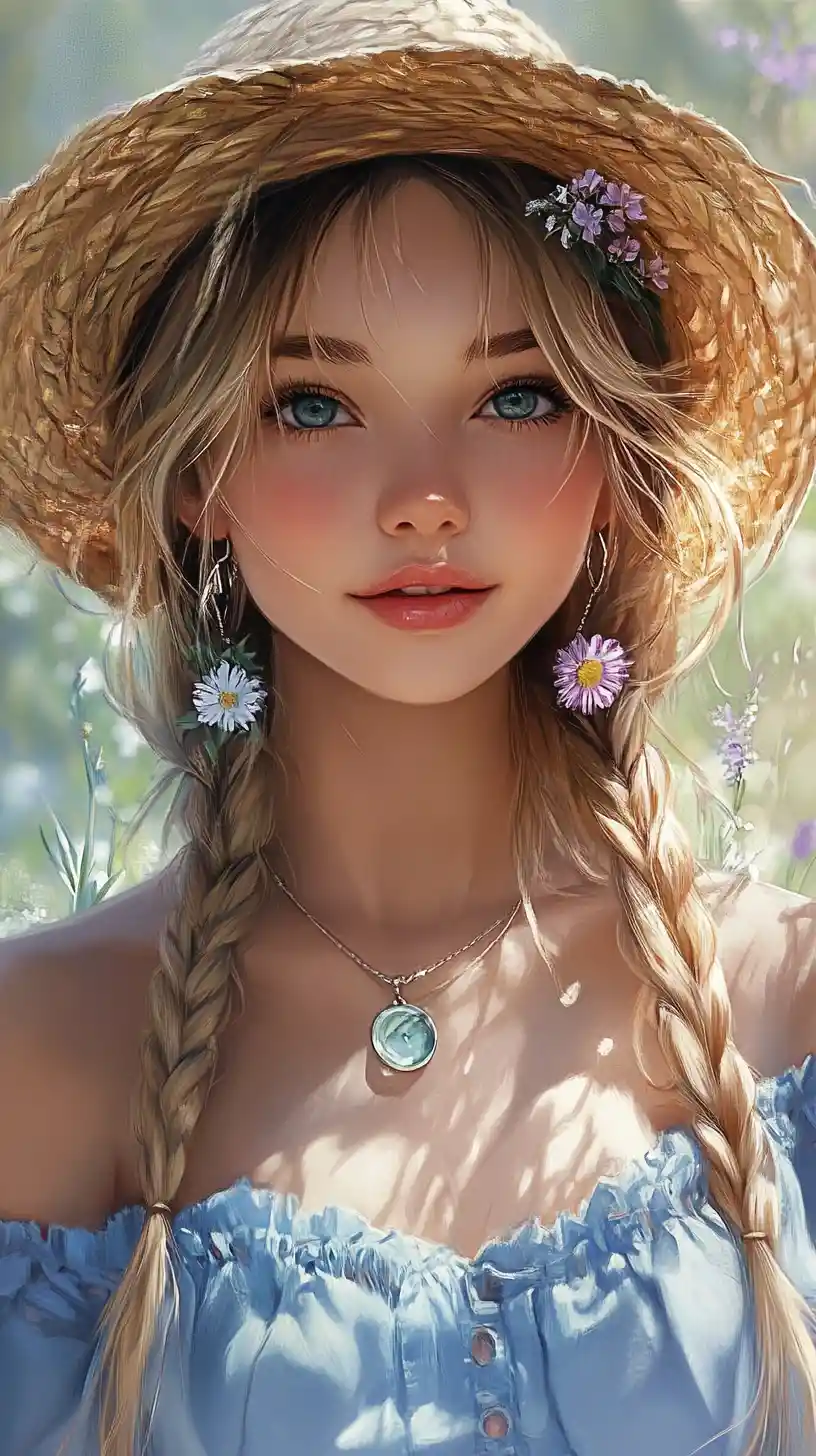 Smiling anime farm girl with braids and egg carton