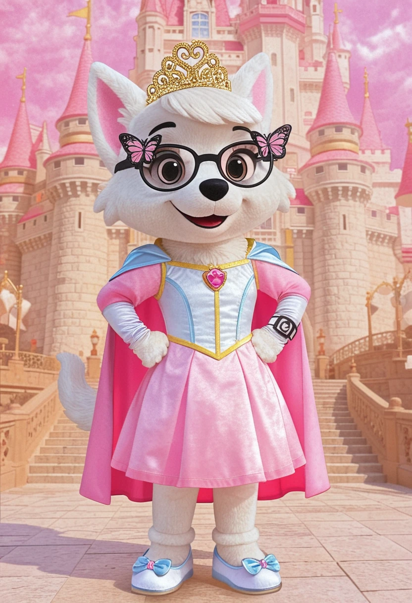 Uomo con costume da mascotte cagnolina principessa nella cornice