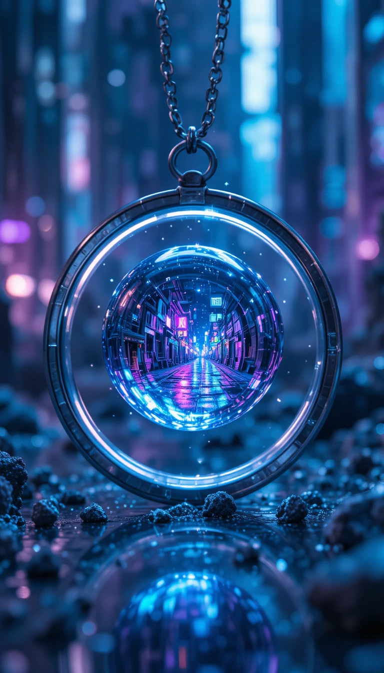 Macro view inside a silver pendant crystal fantasy world