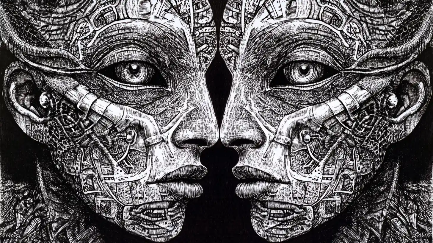 Surreal split face portrait merging human and mythic forms
