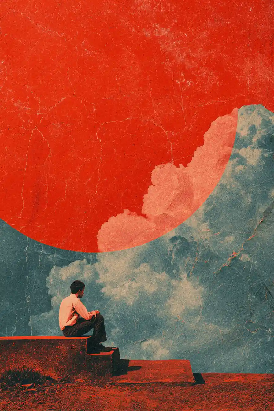 Collage surreale di una figura solitaria e invisibile in uno spazio astratto