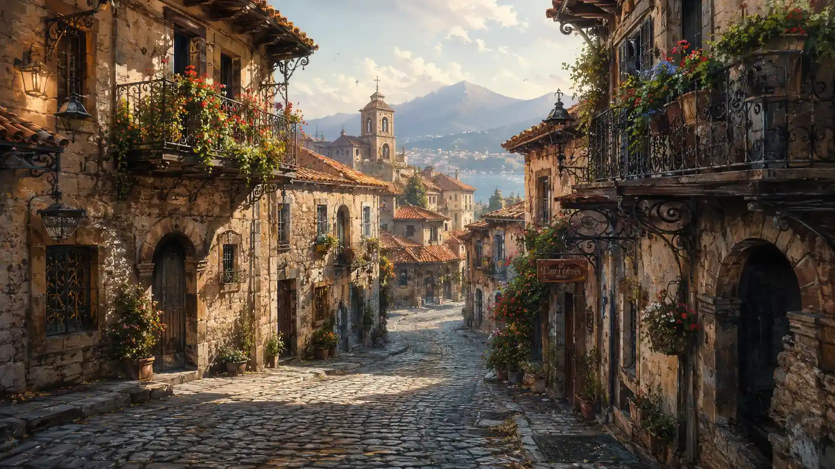Cobbled Old Town Street With Rustic Stone Houses