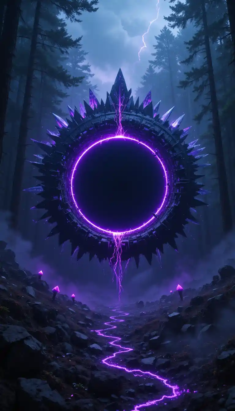 Dark Forest Portal Framed By Shattered Crystals And Lightning