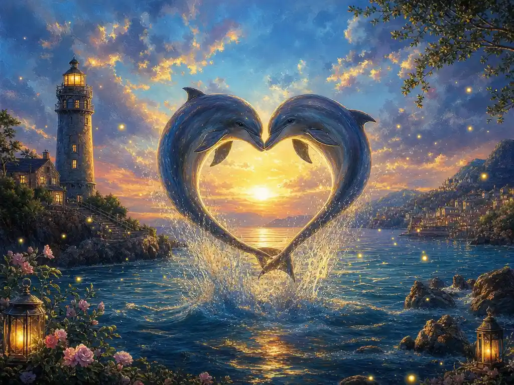 Two dolphins leaping from the sea forming a heart shape