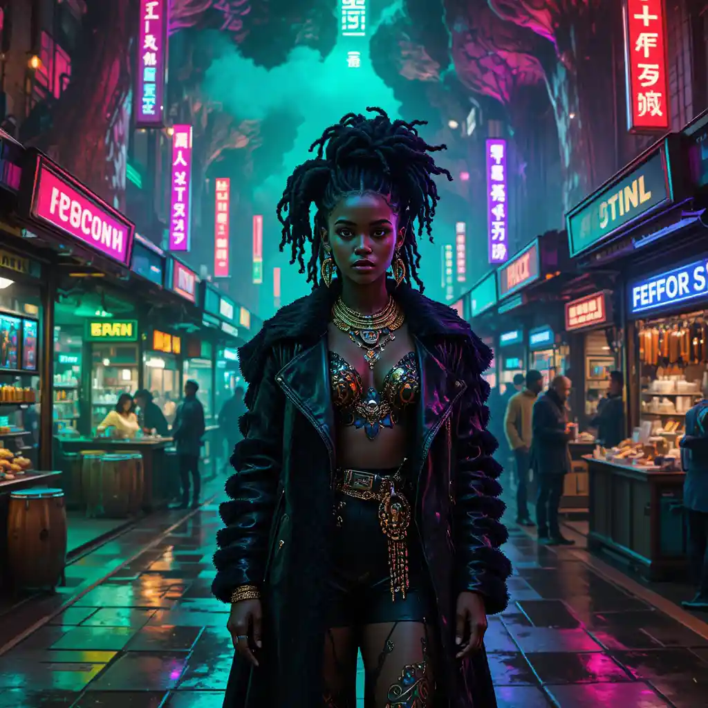 Afrofuturist femme fatale in neon glitch art bazaar