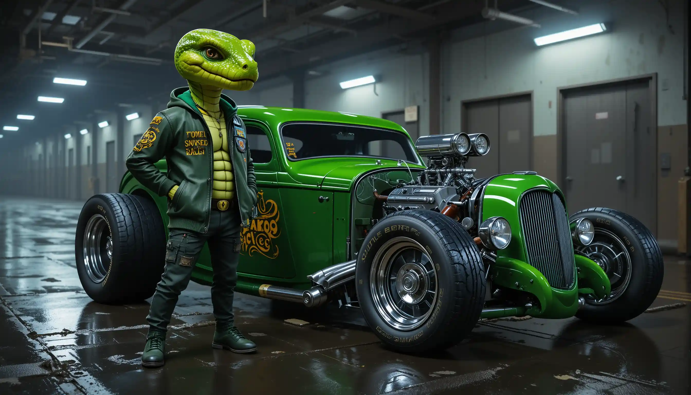 Anthropomorphic cobra gangster beside green hot rod at night