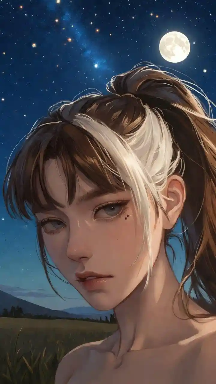 Confident anime girl under a bright moonlit country sky
