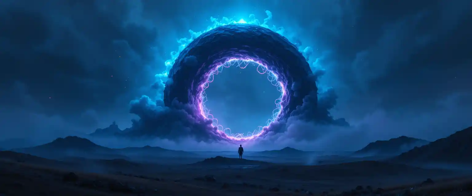 Surreal blue hour landscape with colossal dark circle