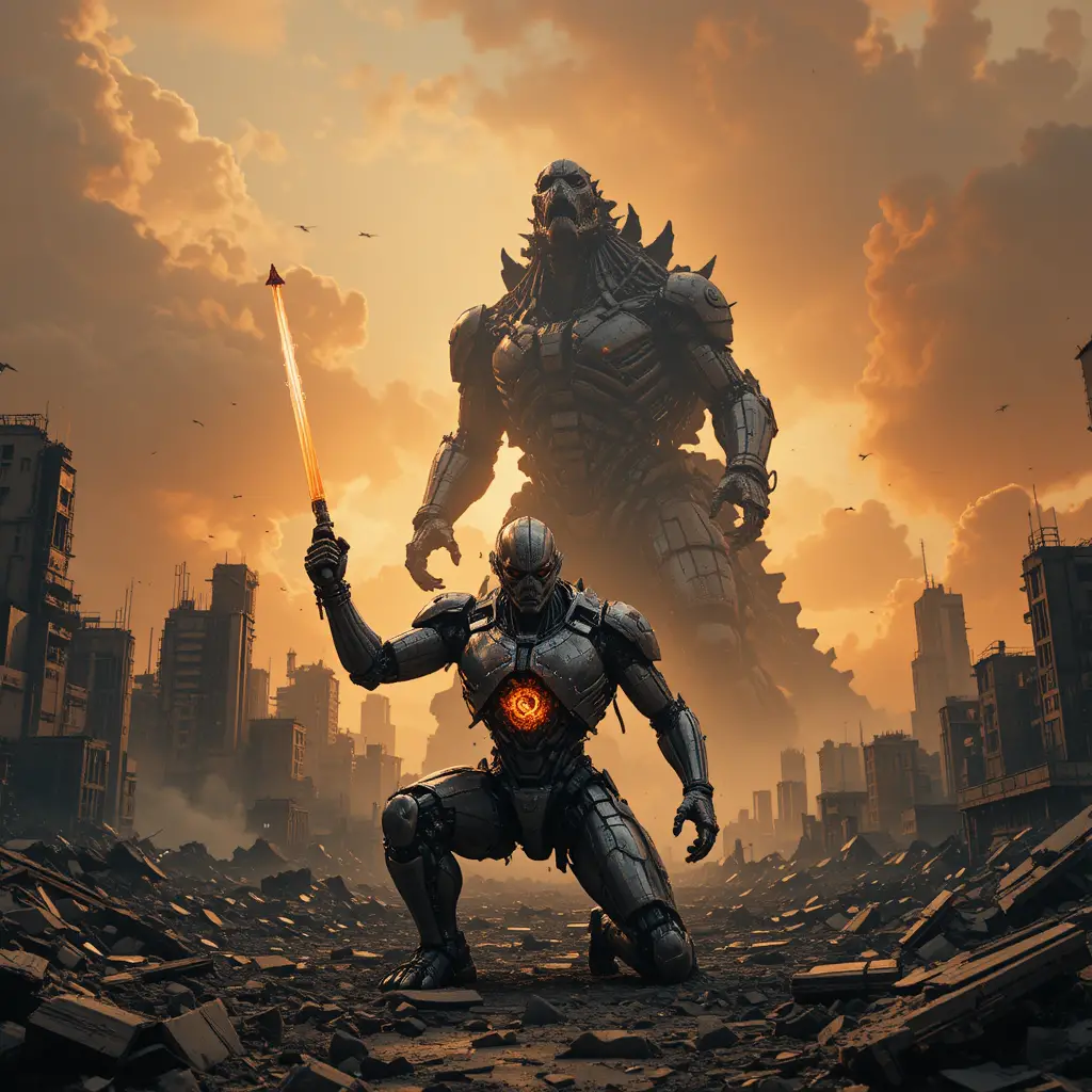 Damaged mech kneeling in ruins facing a colossal kaiju