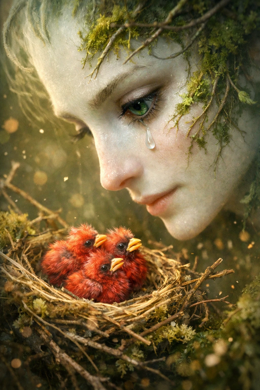 Ethereal woman watching a nest of tiny cardinal chicks