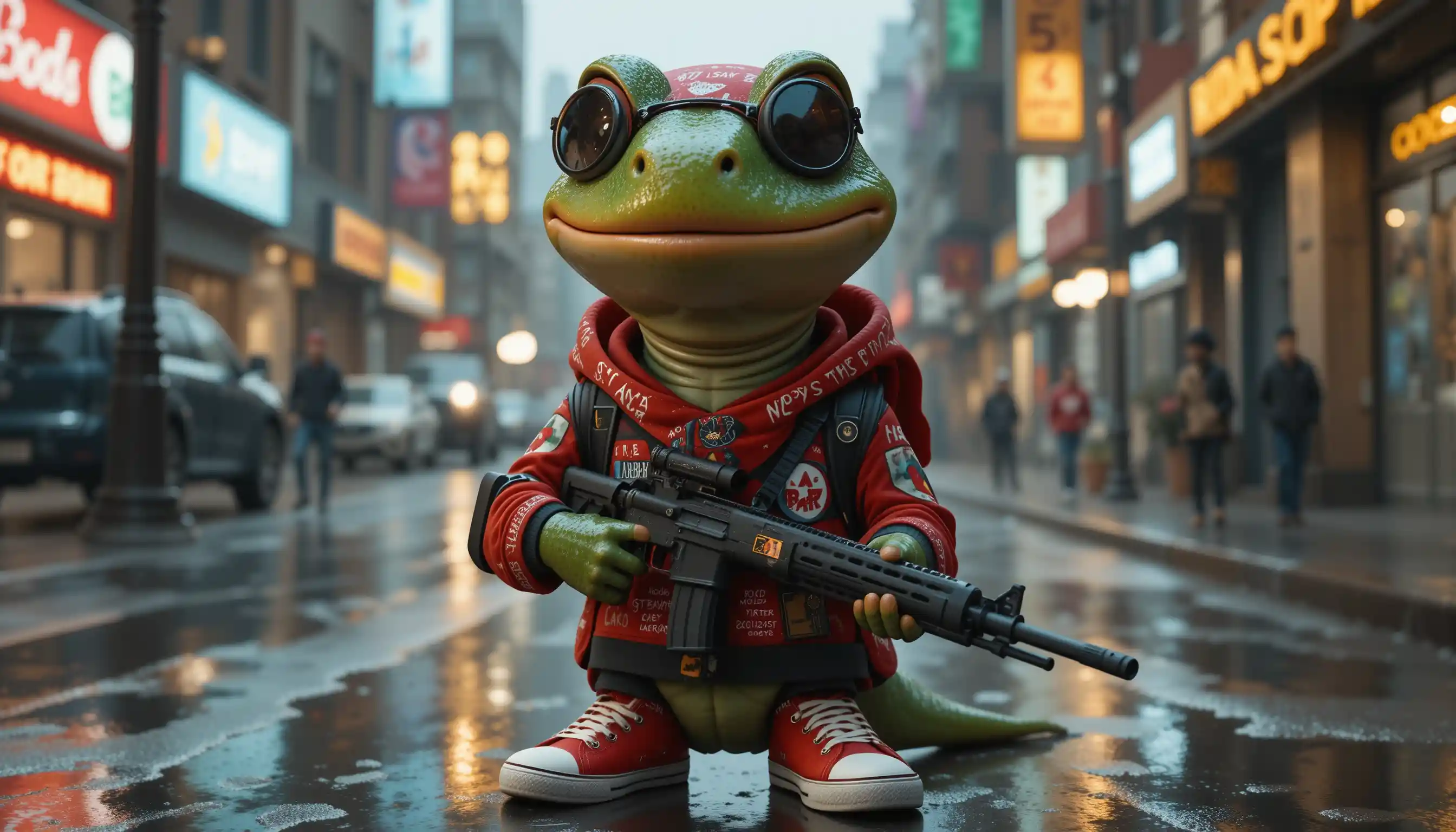 Anthropomorphic salamander in red streetwear with sniper rifle