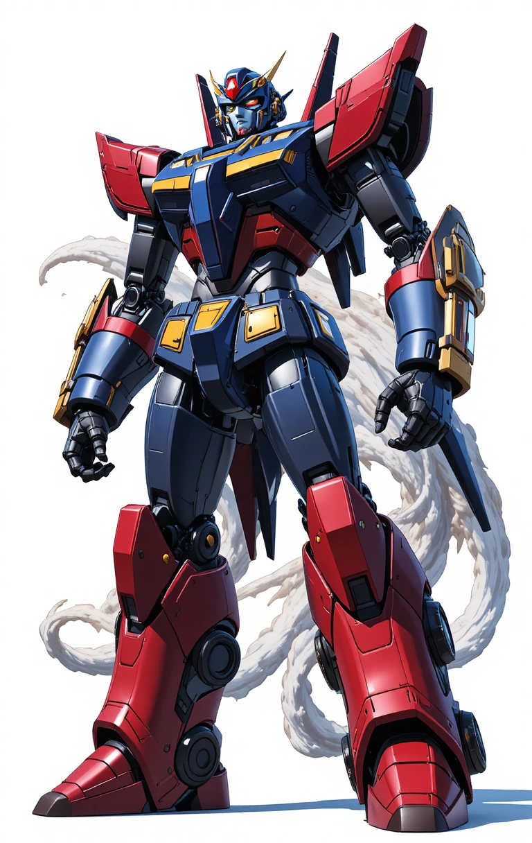 Sleek anime giant robot grappling a towering monster