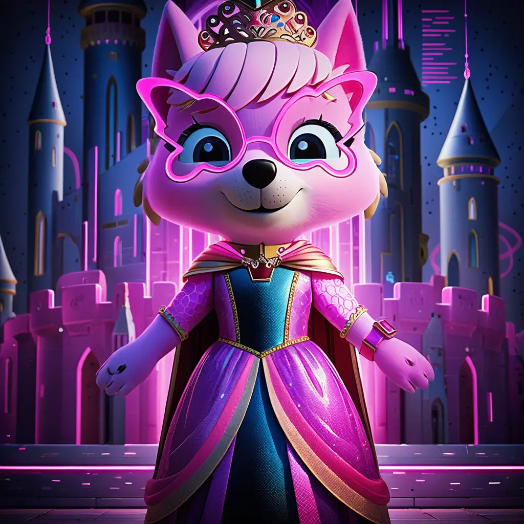 Dog princess mascot in a colorful fantasy castle interior