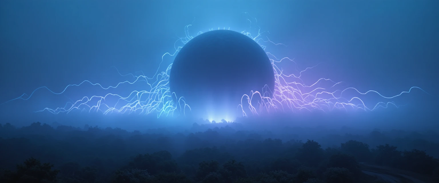 Surreal foggy landscape with colossal black circle and light