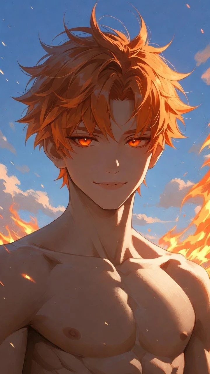 Confident muscular man under a fiery sunset sky
