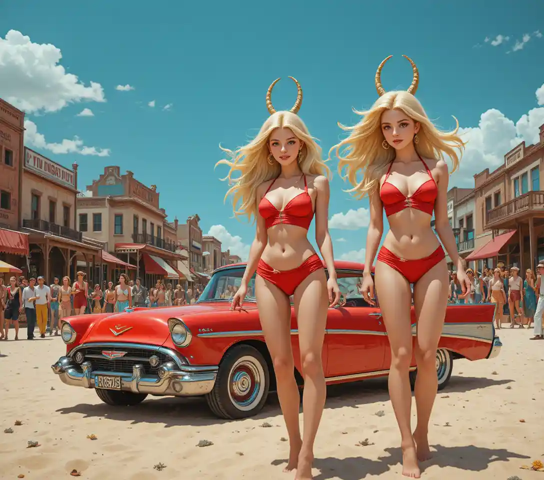 Three women in red bikinis by a vintage desert car