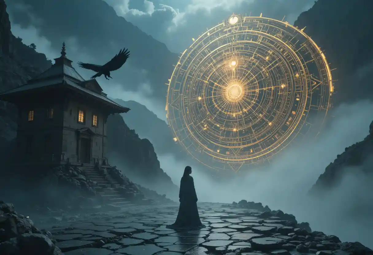 Radiant woman of light in a foggy mountain monastery