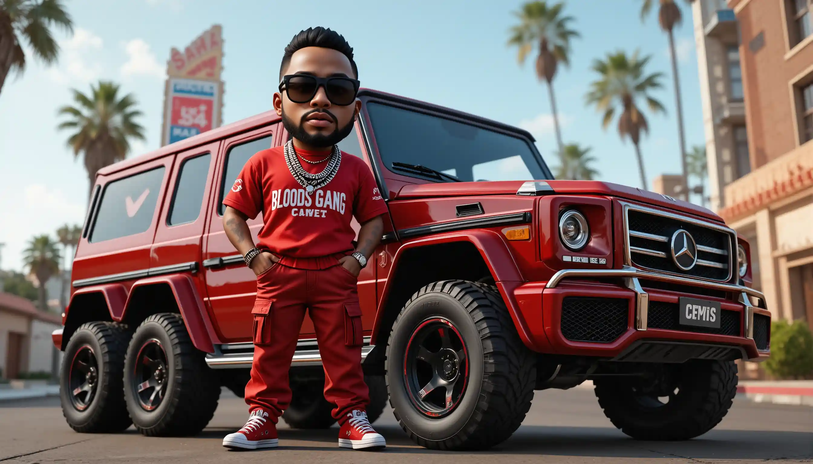 3D rapper beside armored suv on city street