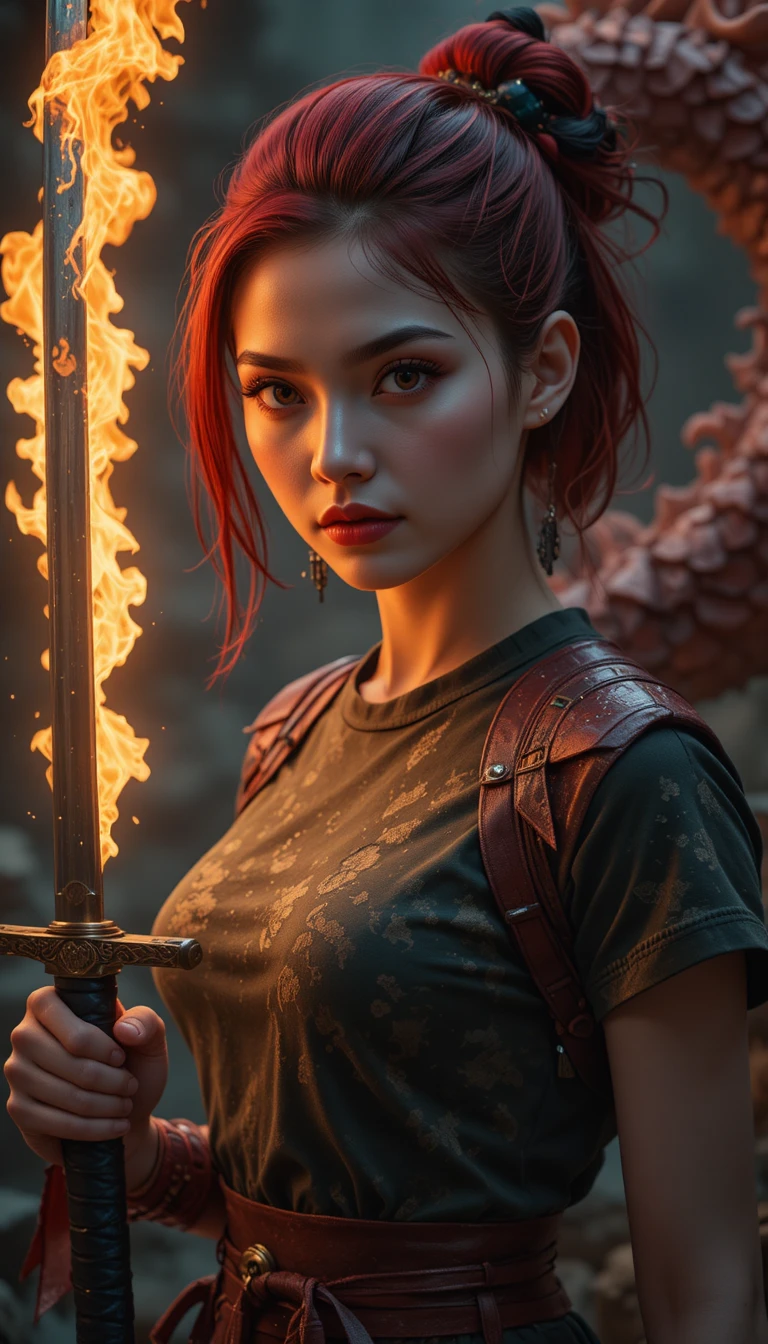 Asian warrior woman with sword facing a fire breathing dragon
