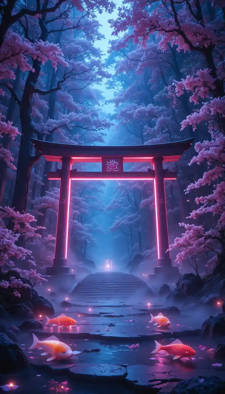 Futuristic neon shrine glowing within a mystical cyber forest