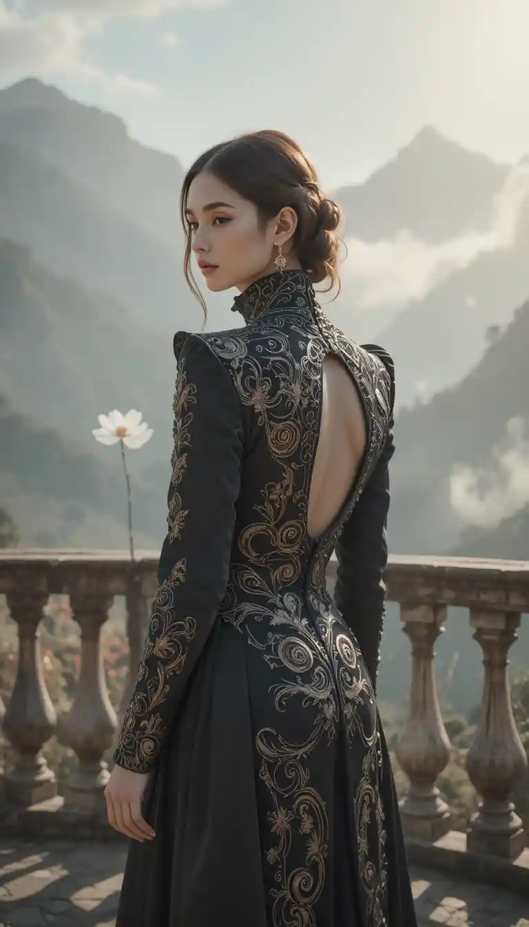 Surreal woman in velvet jacket on sunlit mountain terrace