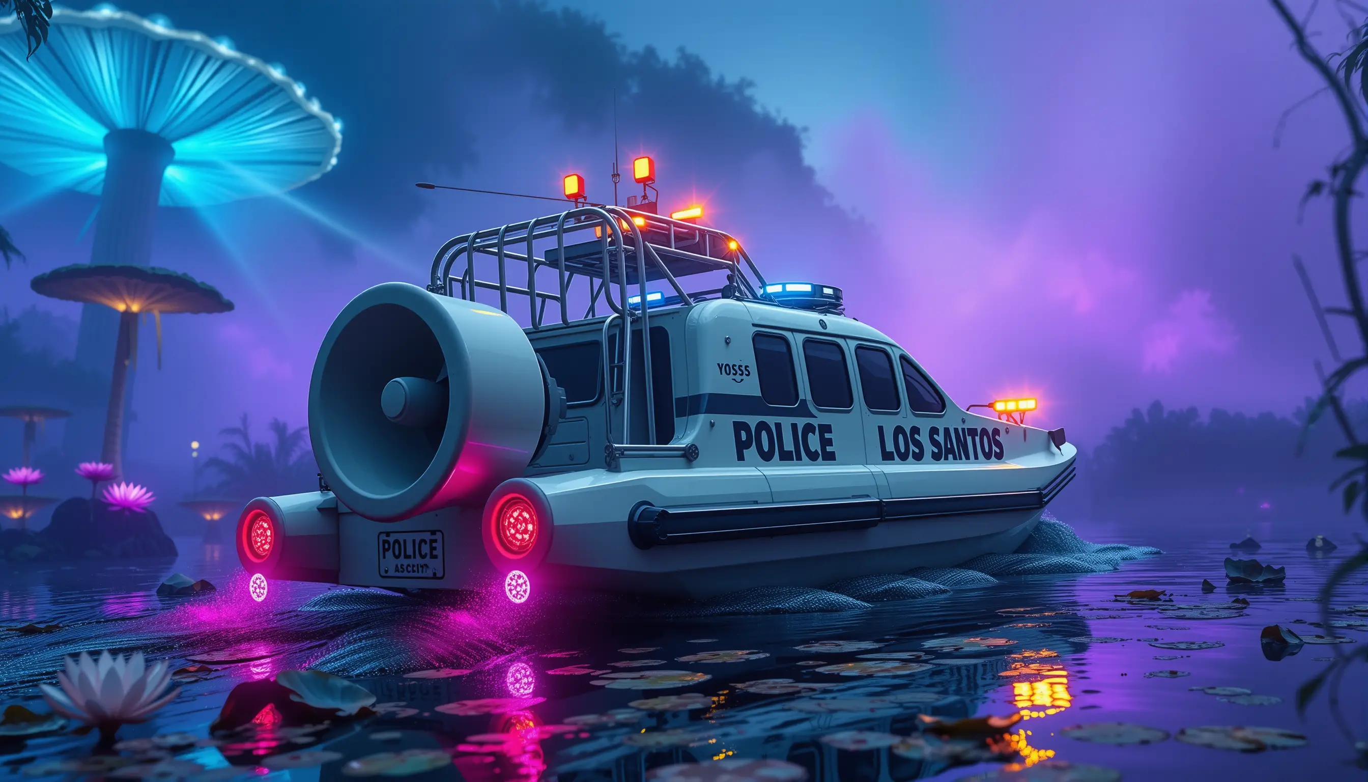 Armored police airboat in a glowing fantasy swamp