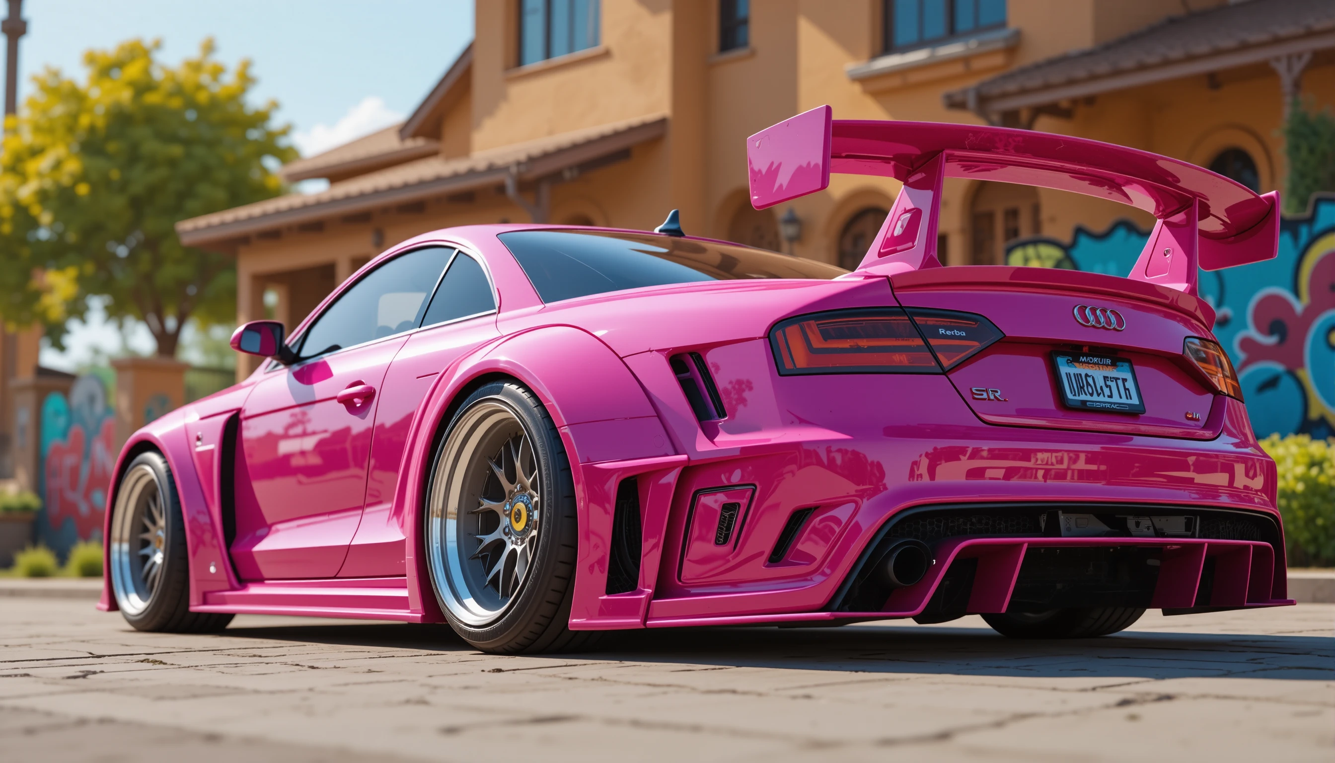 Pink tuned sports car on suburban street in 3D style