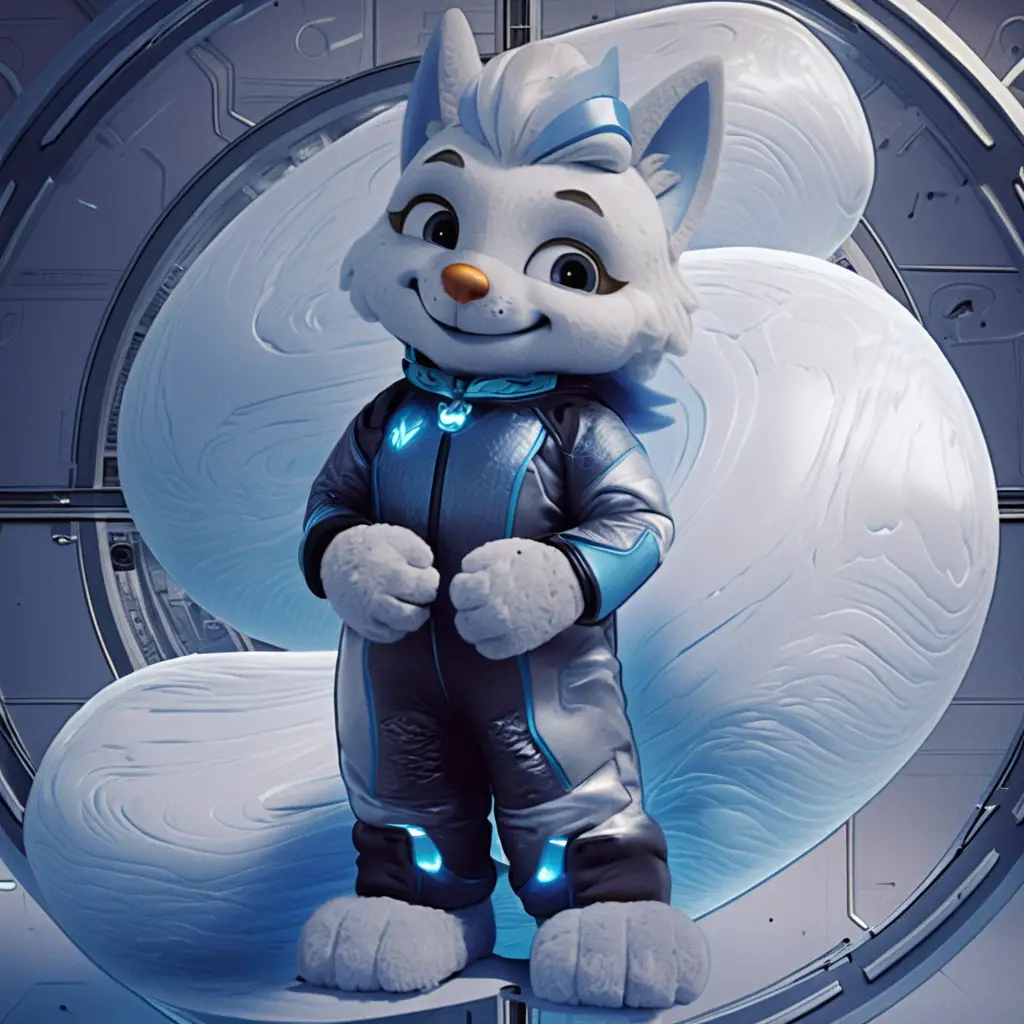 Full body mascot character posed in a widescreen frame