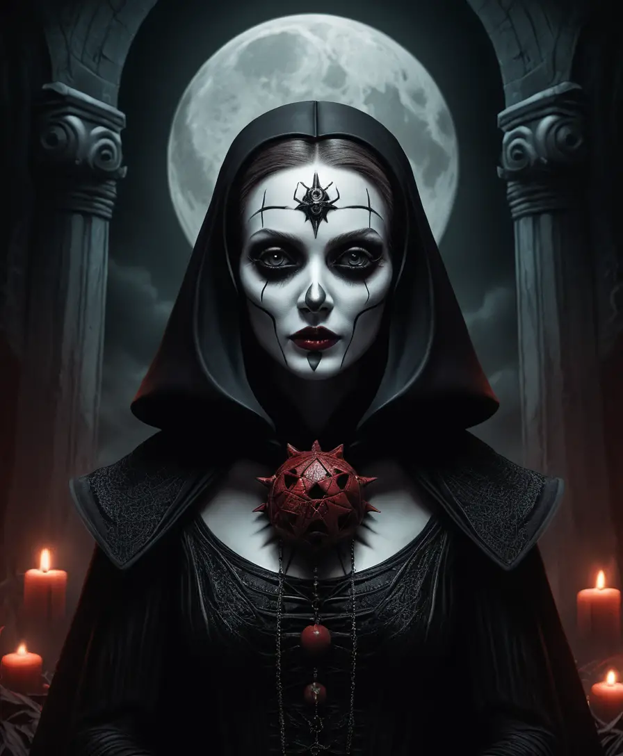 Dark ritual woman in a popsurreal comic horror scene