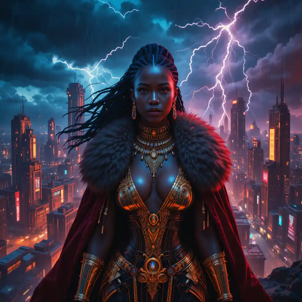 Afro futurist warrior woman above neon stormy megacity