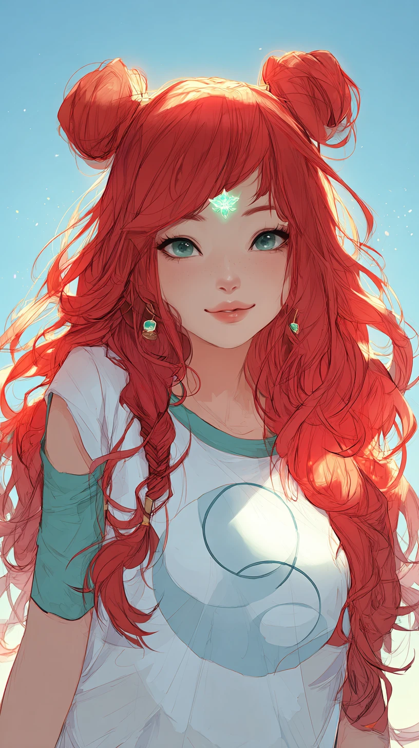 Red haired anime girl outdoors at dawn front view